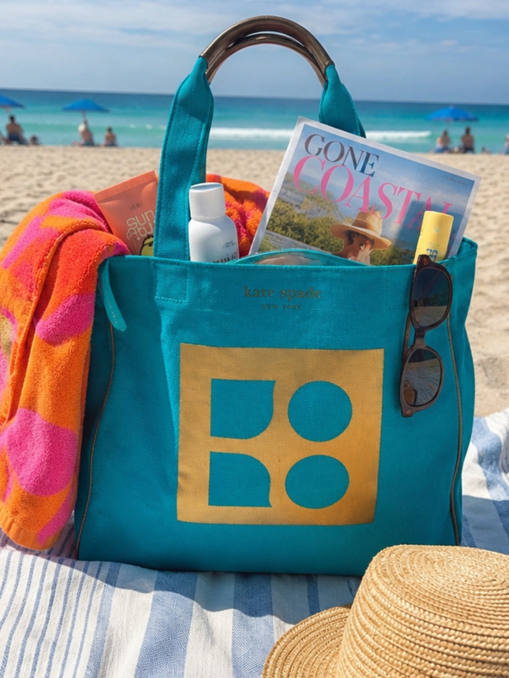 Vintage Rare Kate Spade Aqua turquoise Yo OKO Gold Canvas Bag